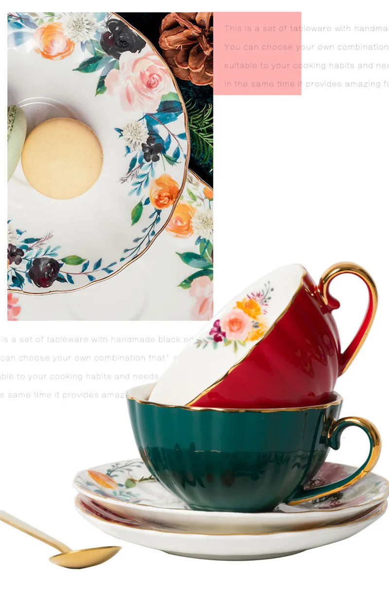 Description Picture 3 of itemCeramic New Bone China European Light Luxury Coffee Cups and Saucers Set Vintage Flower Tea Cups Wedding Gift Accompaniment Gift