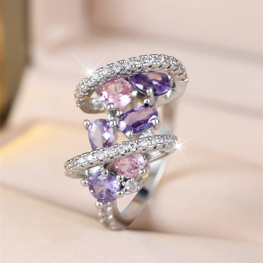 Purple Crystal Oval Stone Pink Zircon Rings For Women Vintage Silver Color Engagement Wedding Jewelry Bridal Valentine Gifts