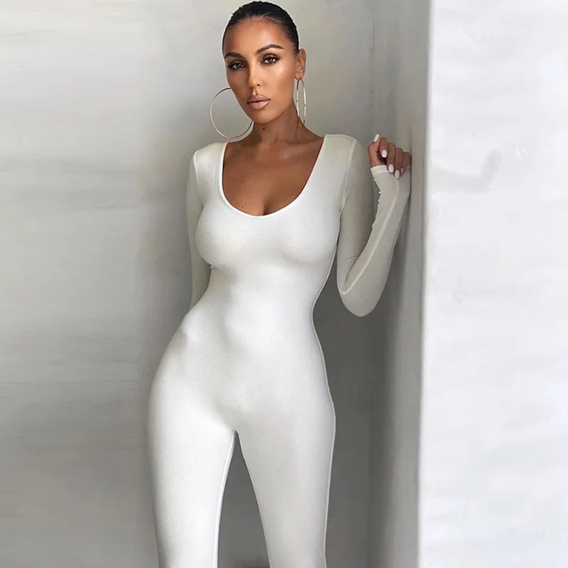 Autumn Solid Stretchy Bodycon Jumpsuits Women Slim Casual Skinny Streetwear Active Fitness Sporty Work Out Rompers