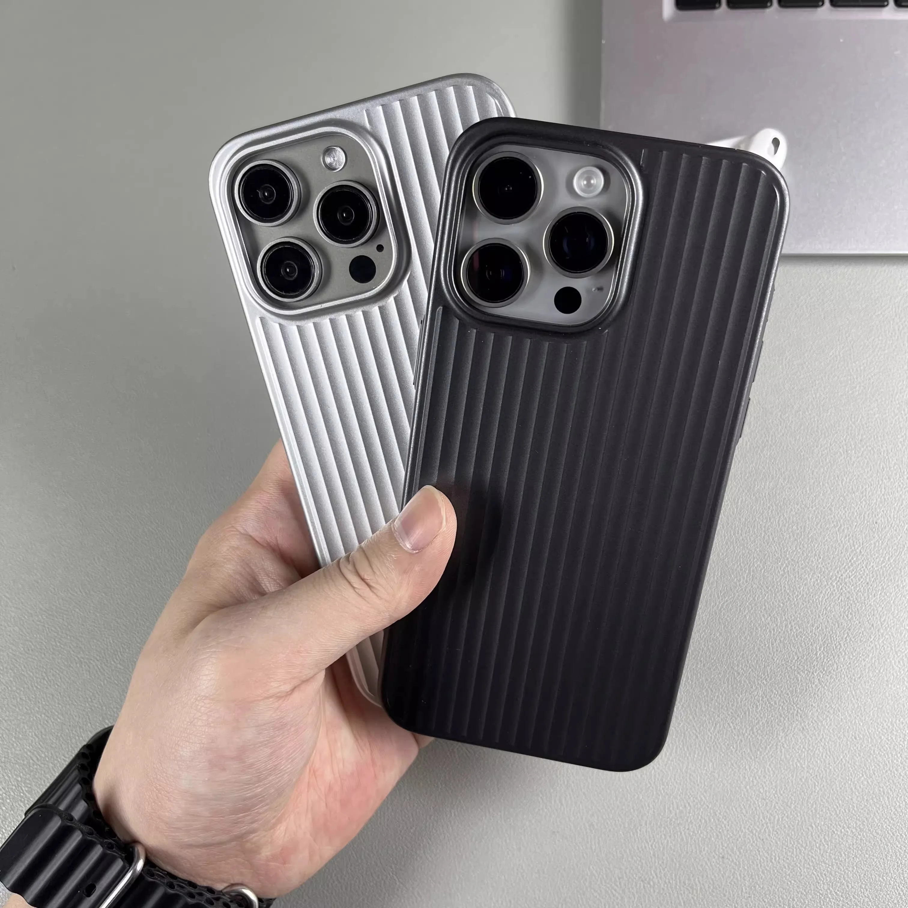 Natural Titanium Grating Stripe Pattern Shockproof Phone Case with Metal Buttons