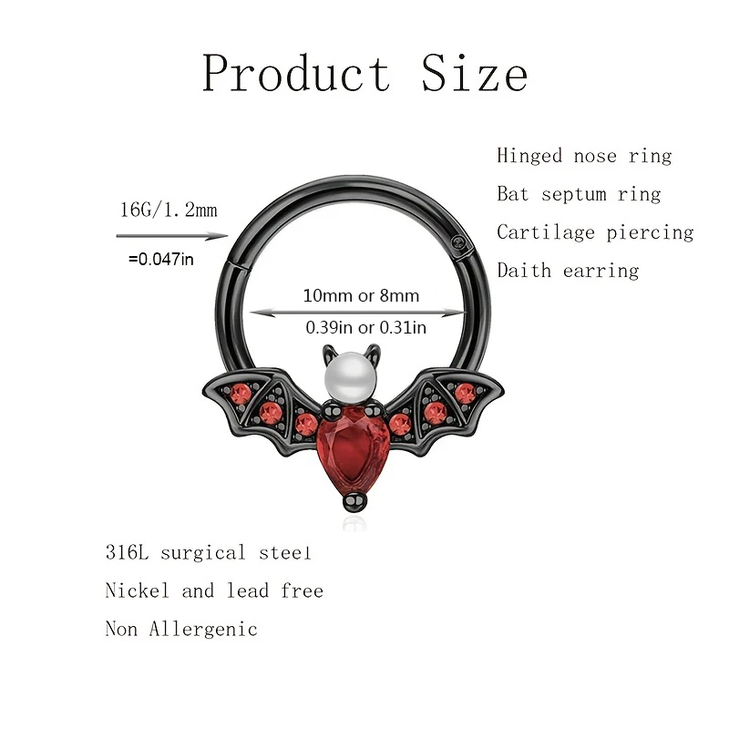 Septum Ring 16G Black Devil Nose Ring Stainless Steel Skull/Bat