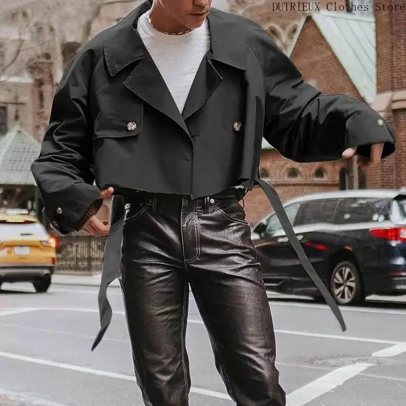Super Cool Street Motorcycle Men's Coat New Fall Fashion Loose Men's Short Trench Coat Lapel Lace-up Cargo Male Short Jacket