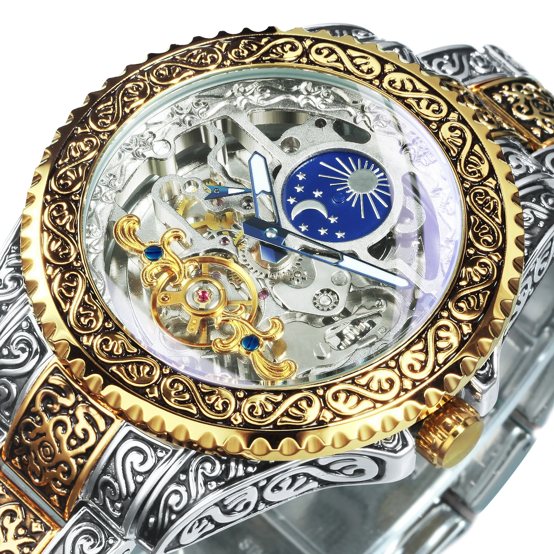 Automatic Tourbillon Mechanical Watch for Men Skeleton Mens Watches Engraved Vintage Moon Phase Steel