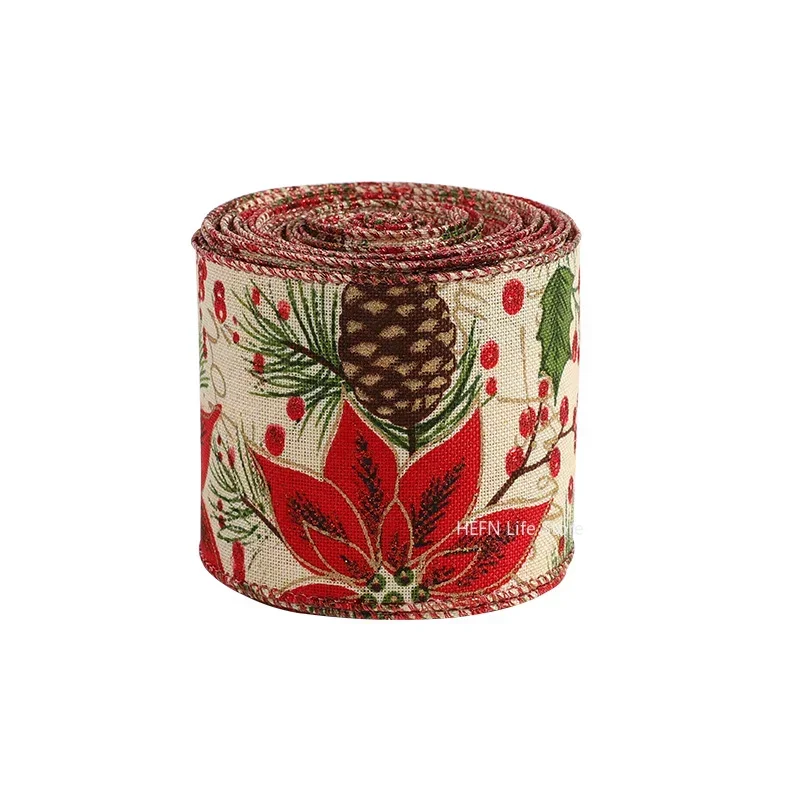 Crafts Imitation Hemp Ribbon, Iron Wire Edge, Linen Ribbon, Christmas Decoration, Red, Green, Snowflake, Plaid Ribbons, 2M/Roll