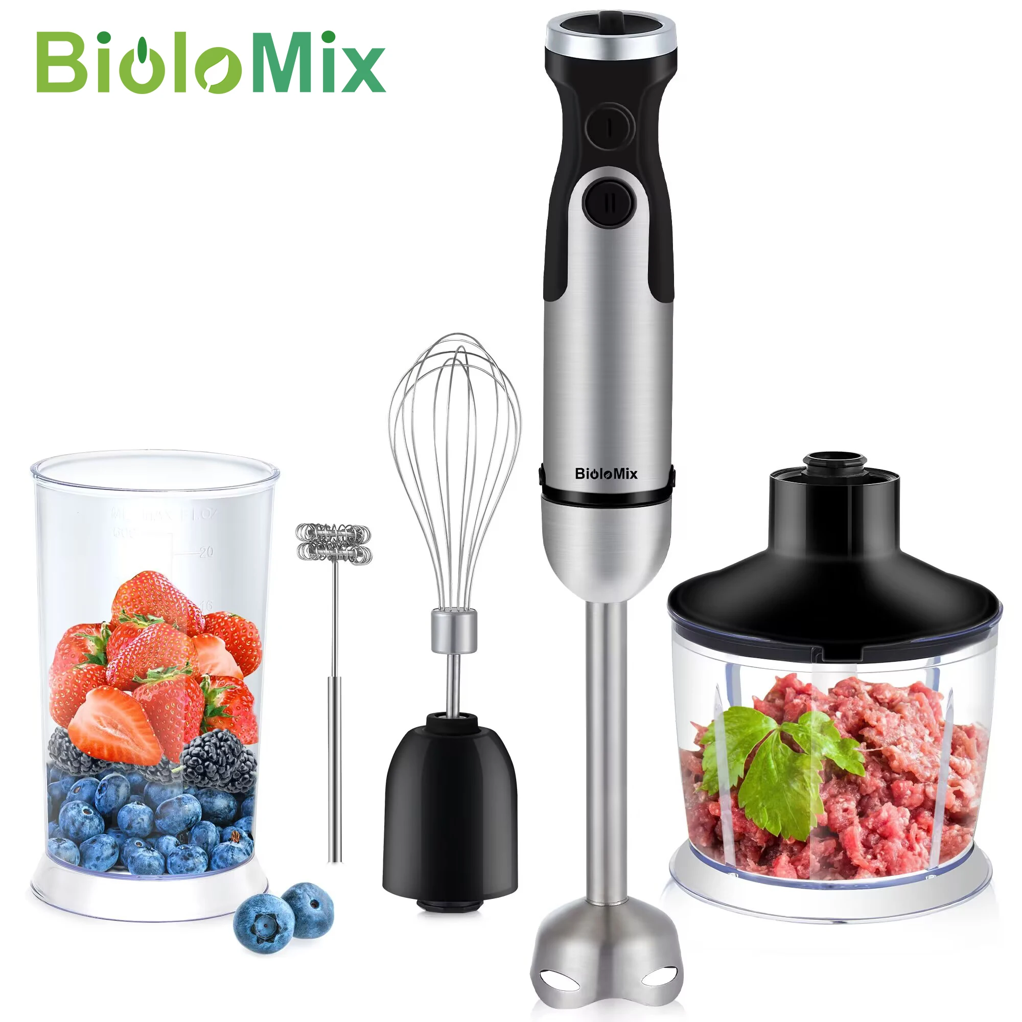 Biolomix 1200W 5-In-1 Onderdompeling Handstaafmixer Mixer Groentevleesmolen 800Ml Hakselgarde 600Ml Smoothie Beker