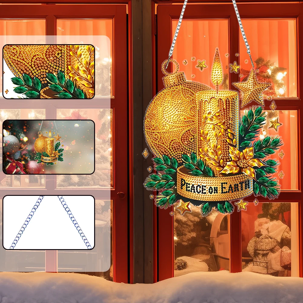 Christmas Theme 2D Flat DIY Hanging Diamond Art Kits Special Shape Rhinestone Diamond Art Window Pendants Wall Door Decoration