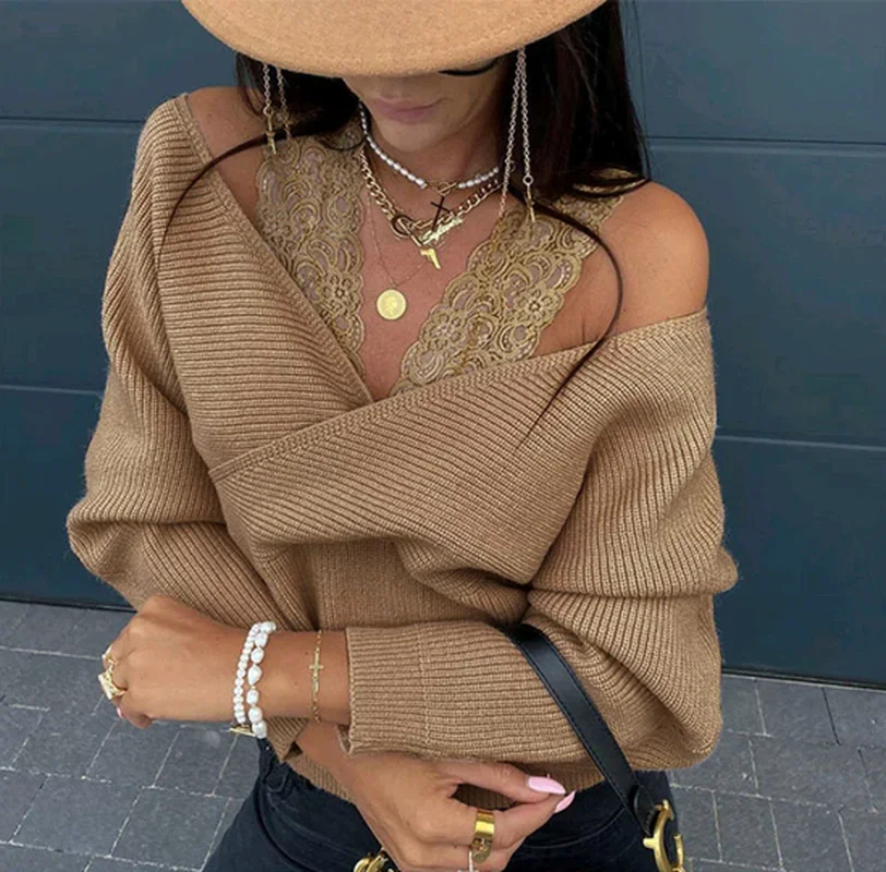 

Casual Elegant Knitted All-match Office Stitching T-shirt Sexy Solid Color Lace V-neck Sling Strapless Long-sleeved Women's Tops