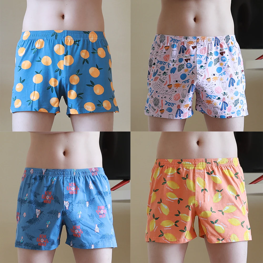 4PCS/Pack M-3XL 100% Cotton Pyjama PJ Aro Pants Breathable U-crotch Boxers&Briefs Print Pajama Loose Elastic Waist Underpants