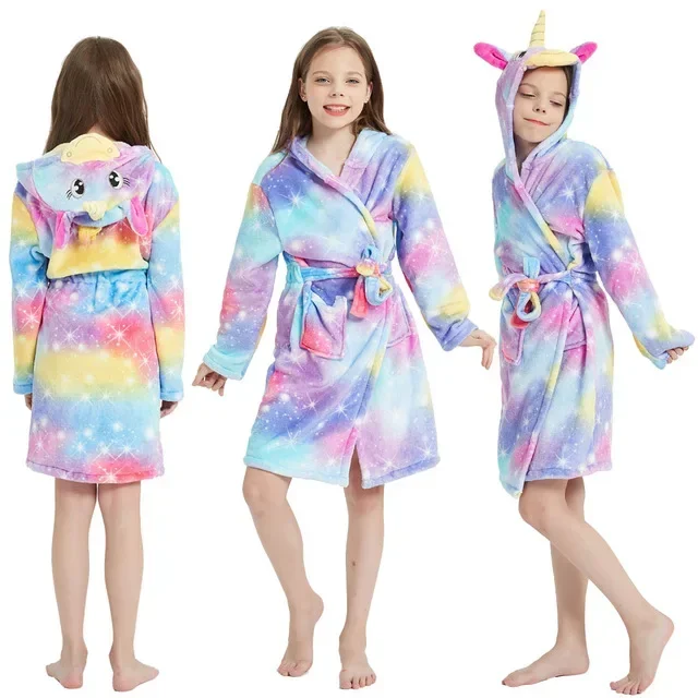 Kigurumi Children Bathrobes Kids Star Rainbow Unicorn Hooded Bath Robe Animal for Boys Girls Pajamas Nightgown Kids Sleepwear