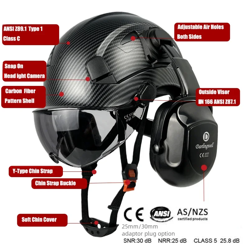 DARLINGWELL Carbon Fiber Pattern Safety Helmet Visor With Goggles Earmuffs For Engineer Work Construction Hard Hats CE EN397 Cap