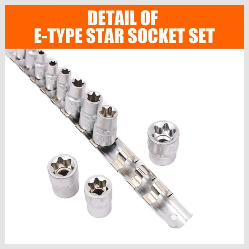 Description Picture 2 of item1/4" 3/8" Torx Star Socket Set Femal E Type Sockets Wrench Head E4-E8 E10-E20 Auto Repair Tools Star Female Socket Repair Tools