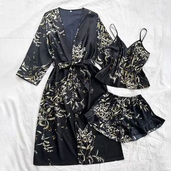 الإناث 3 قطعة منامة مجموعة الربيع الصيف جديد ملابس خاصة ملابس المنزل طباعة الكرز زهرة طويلة كيمونو البشكير ثوب رايون المتسكعون 2