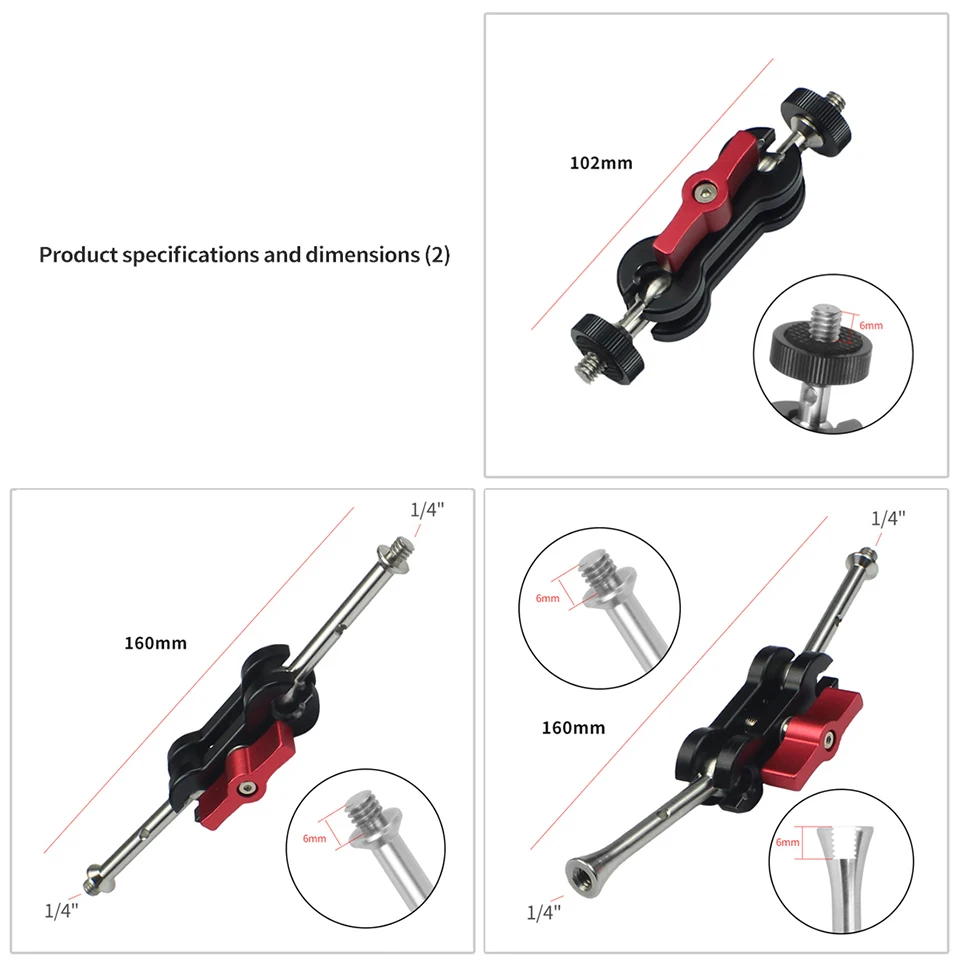 Feichao 360 Camera Magic Arm Tripod Mount Adapter Dual Ballhead 1/4'' Screw Articulating Connector for Camera Monitor Cage LED Light