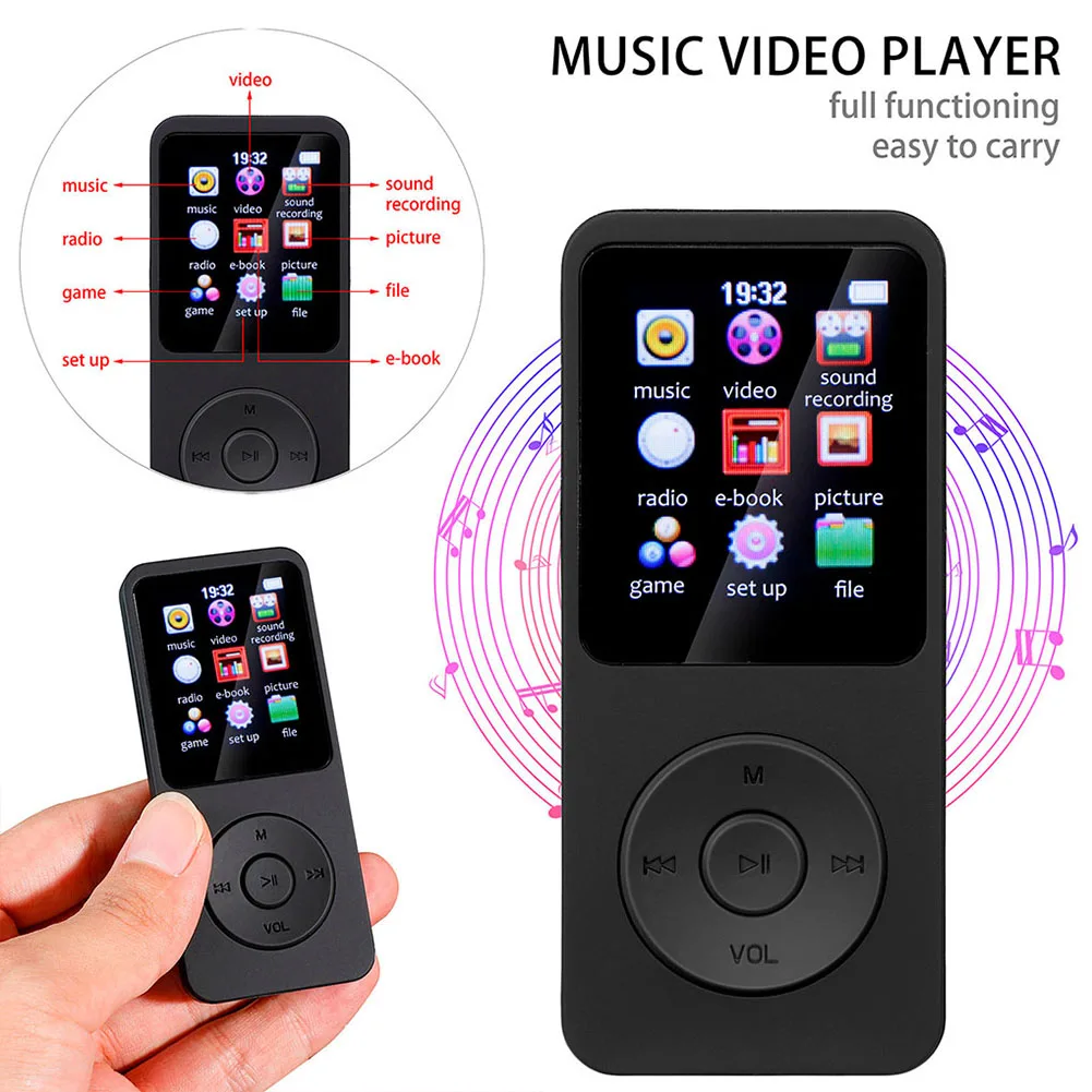Portable MP3 Music Player with 1.8 Display, Bluetooth 5.0, Type-C, and Built-in Speaker
