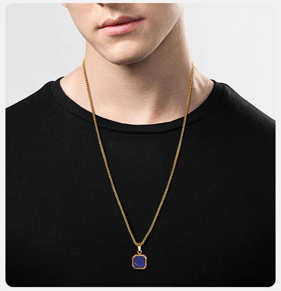 Vnox Mens Necklaces, Geometric Square Natural Stone Shell Pendant, Black Gold Color Stainless Steel Collar