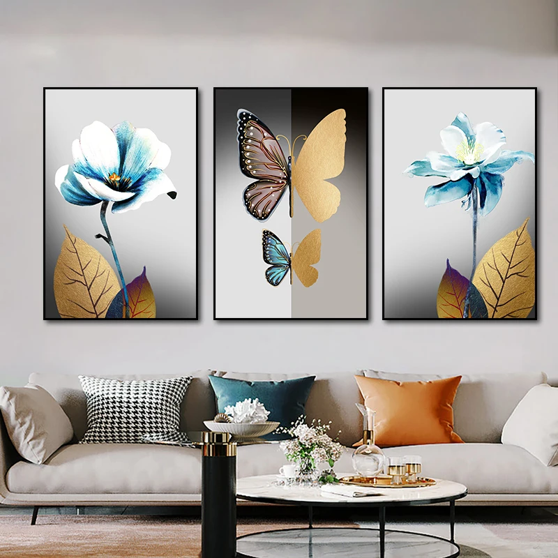 

Golden Blue Flowers Aesthetic Wall Art Poster Prints Animal Abstract Personalized Artwork Canvas Paintings Pictures Home Decor