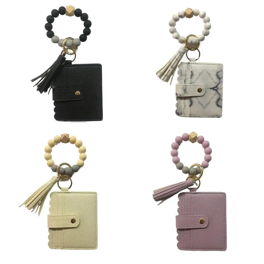 Wallet Keychain Wristlet for Women Faux Leather Tassels Multi-slots Card Holder Snap Slim RFID Credit Card Holder Purse