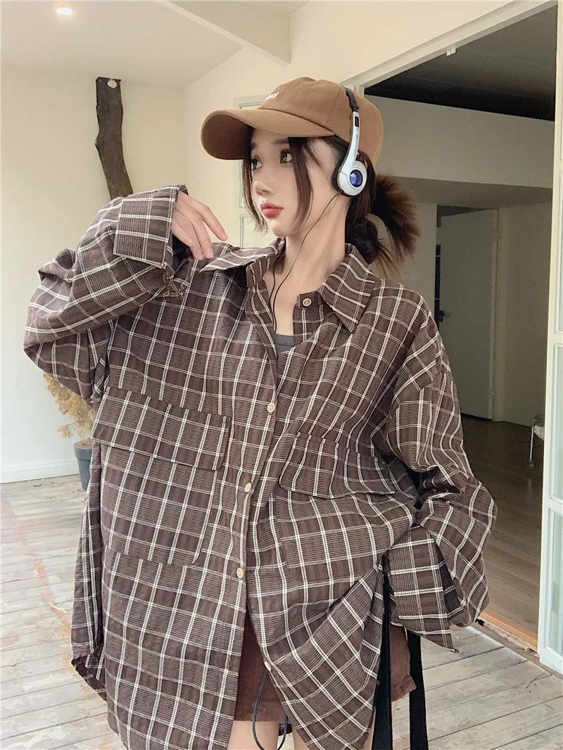 Korean Style Single Breasted Long Sleeved Female Plaid Shirts Turn-down Collar Woman Long Loose Jacket with Pockets Black Coffee mens zaful plaid pattern double pockets wool blend shacket s coffee