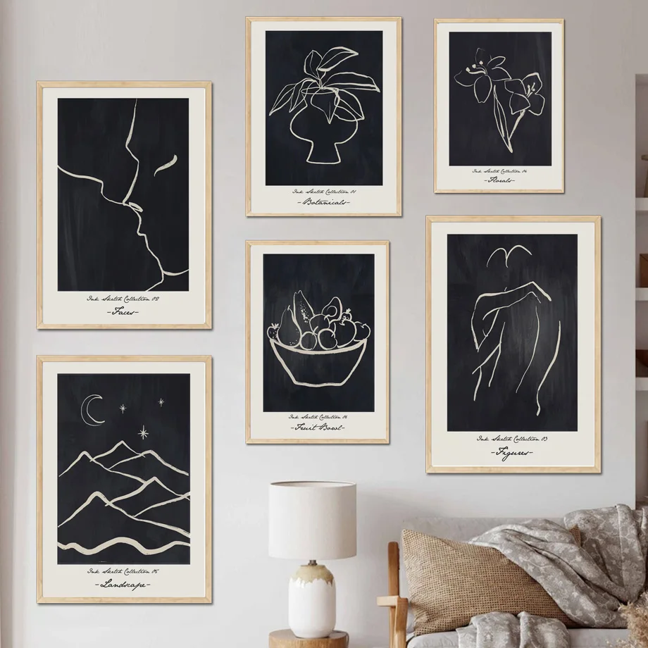 

Kiss Botanical Floral Landscape Fruit Bowl Sketch Wall Art Print Canvas Painting Nordic Posters Decor Picture For Living Room