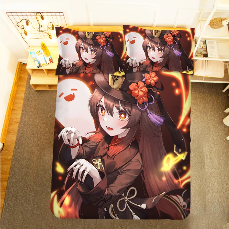 Genshin Impact HuTao Girl 3PCS Duvet Cover Sets Cartoon Bedding Children Room Pillow Case 
