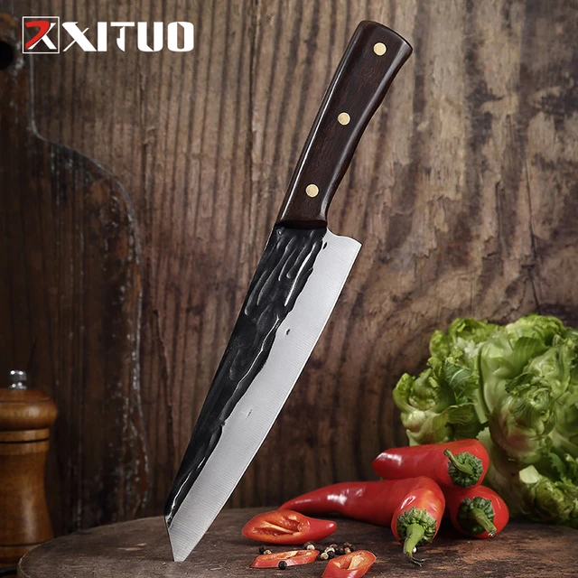 Butcher Knife Kitchen Chef Slicing Meat Vegetable Forged 5Cr15Mov Steel  Wood Cut