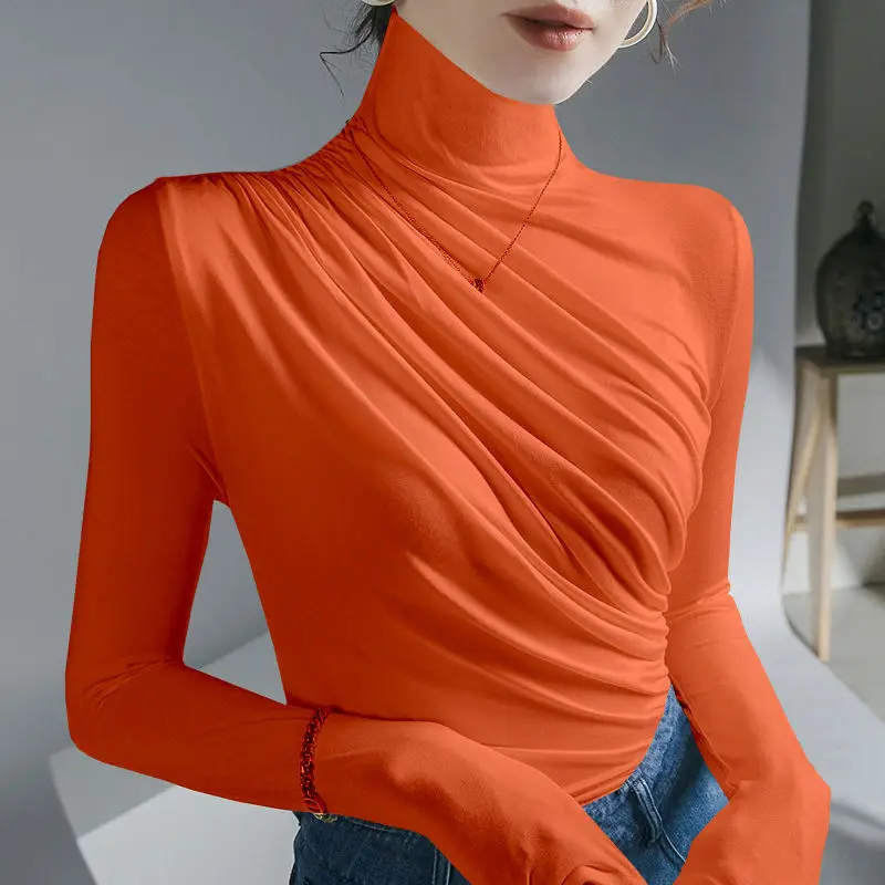

2023 New Slimming Turtleneck Bottoming Shirring Shirt Women's Autumn Winter Long-sleeved T-shirt Lace Spliced Blouse T422