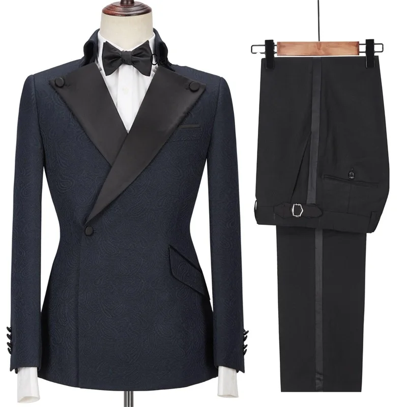 

Navy Blue Jacquard Men Suits Set 2 Pcs Wedding Groom Tuxedo Formal Blazer+Black Pants Custom Made Party Jacket Male Coat