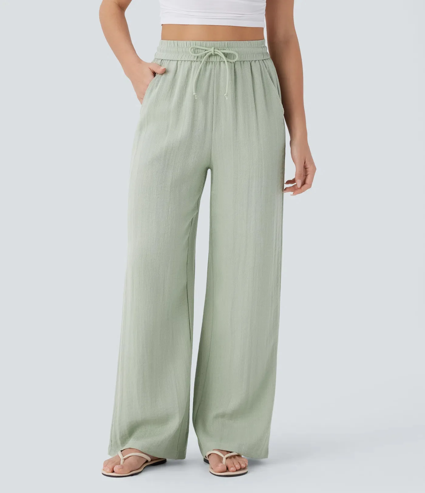 Pant women 2026 casual high-waisted drawstring side pocket casual linen pants flowing wide-leg beach pants elastic tightness