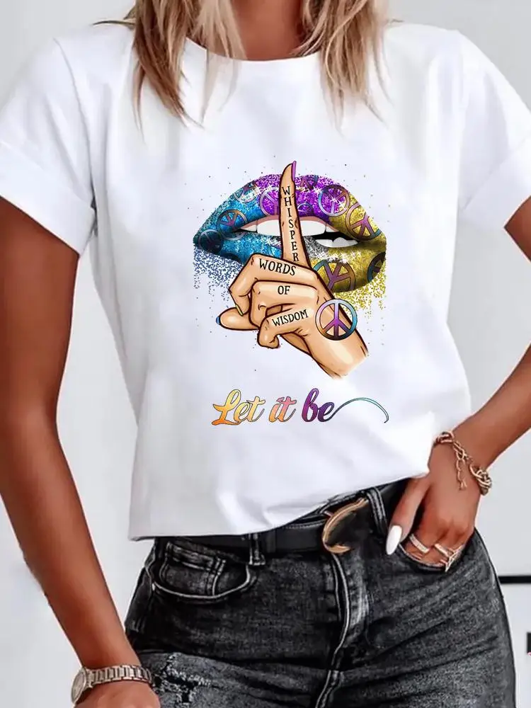 Camiseta con estampado de labios de acuarela para mujer, ropa básica Kawaii de manga corta, moda de los años 90, Verano