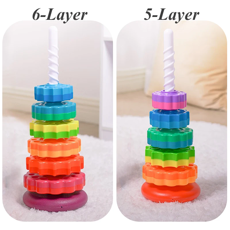 Baby Montessori Stacking Rainbow Tower Colorful Rotating Gears Rings Big Size Blocks Puzzle Education Toy for Toddle 6-18 Months