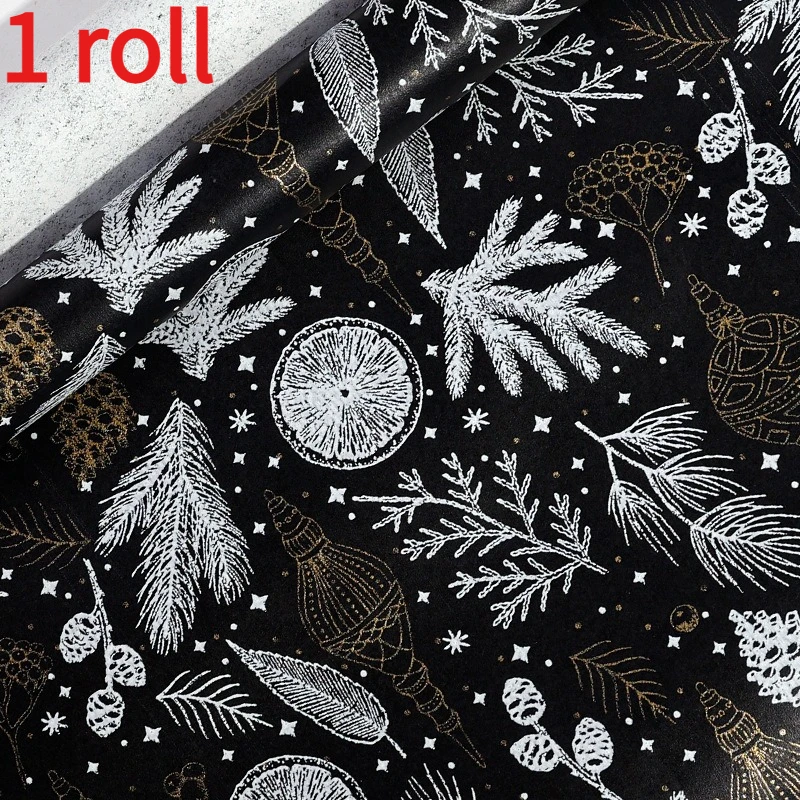 1 גליל נייר עטיפה מפואר אפור כהה / שחור זהב עם ענפי עץ לבנים וקישוטי זהב - גליל גדול לאריזת מתנות