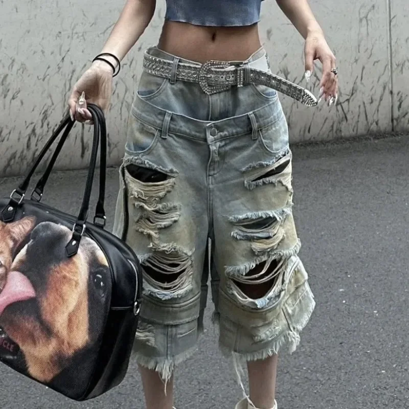 Y2K Fashion New Holes Do Old Washed Baggy Denim Shorts Female Gothic Harajuku Popular Casual Joker High Waist Wide Leg Pants 2