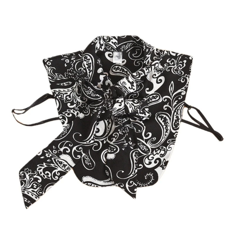 

Women Black White Paisley Floral Print False Collar Vintage Bow Tie Neck Lapel Half Shirt Button Down Detachable Dickey