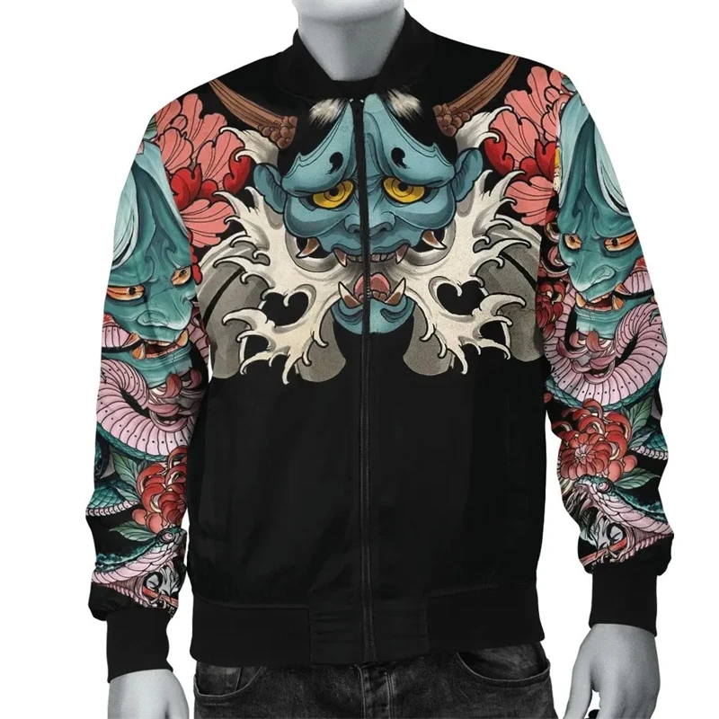 thumbnail image 1 of Chaqueta bomber de primavera y otoño para hombre, con estampado 3D de máscara de samurái Oni y tatuaje, con cremallera, informal, para la calle, 1 of 5