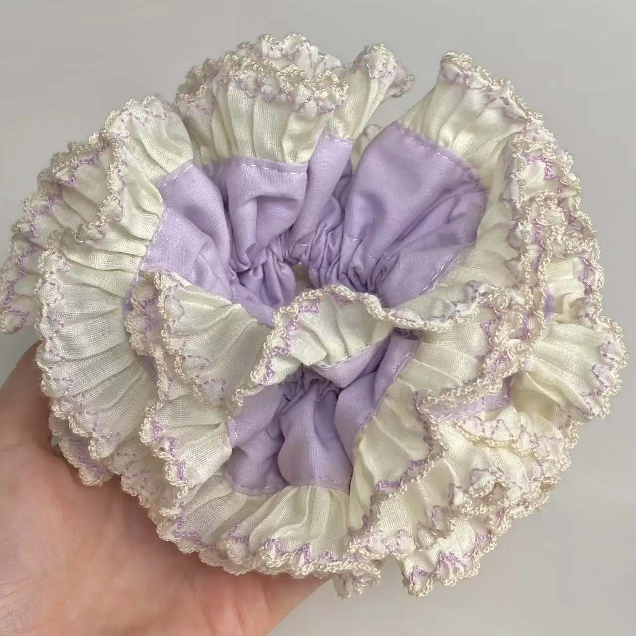 1PC Elegant Lace Ruffled Scrunchies, Lavender & Cream Vintage Hair Accessories for Women