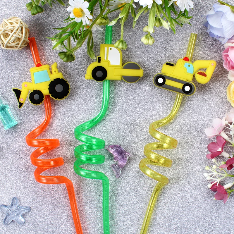 Deluxe Construction Vehicle-Themed Reusable Straw Set - Perfect for Parties & Gatherings, 12-Piece Collection