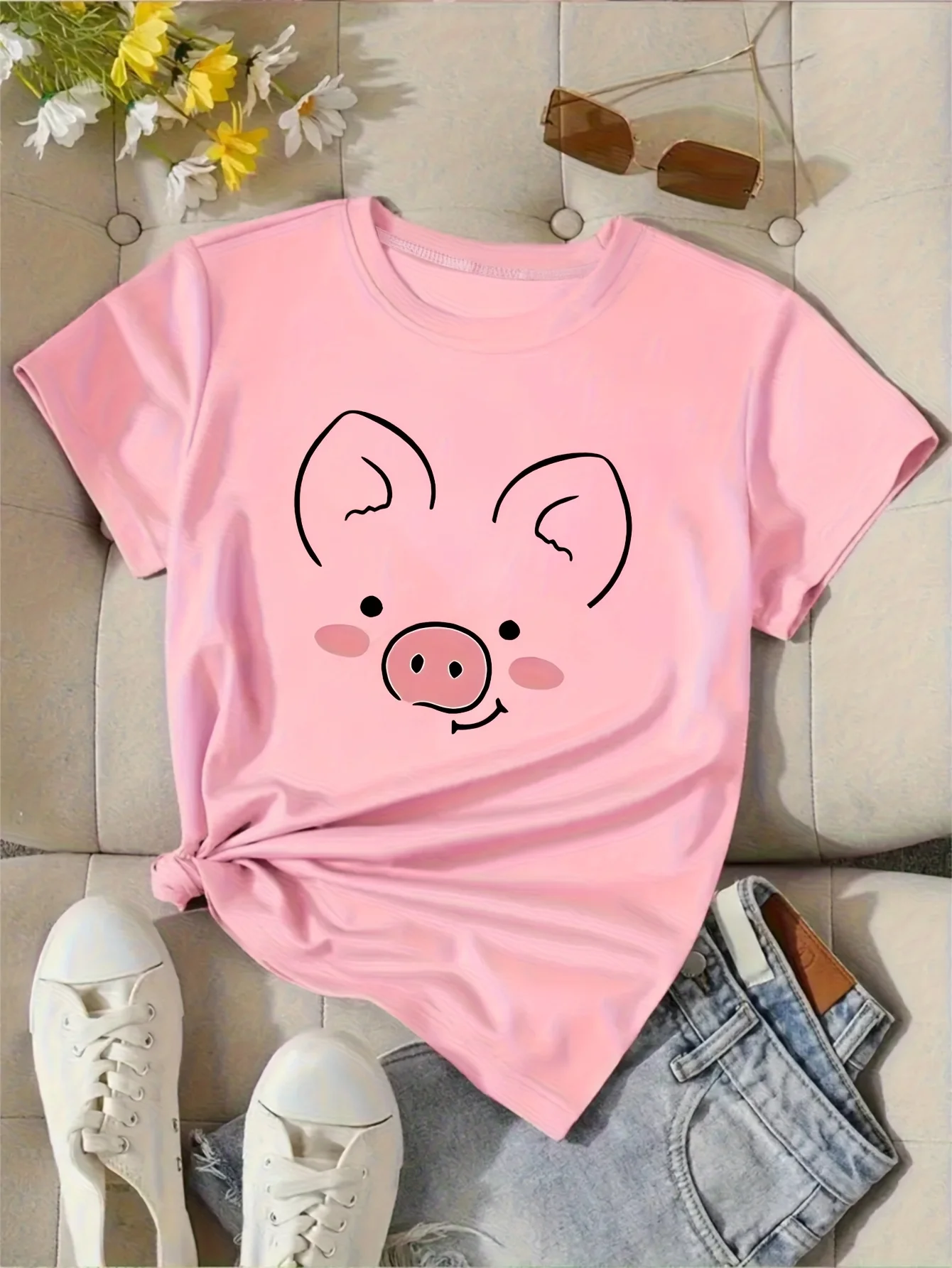 Damen-T-Shirt mit Rundhalsausschnitt und niedlichem rosa Schweinchen-Cartoon-Print, lässiges Kurzarm-T-Shirt, bequem und vielseitig, Grafik Y2K