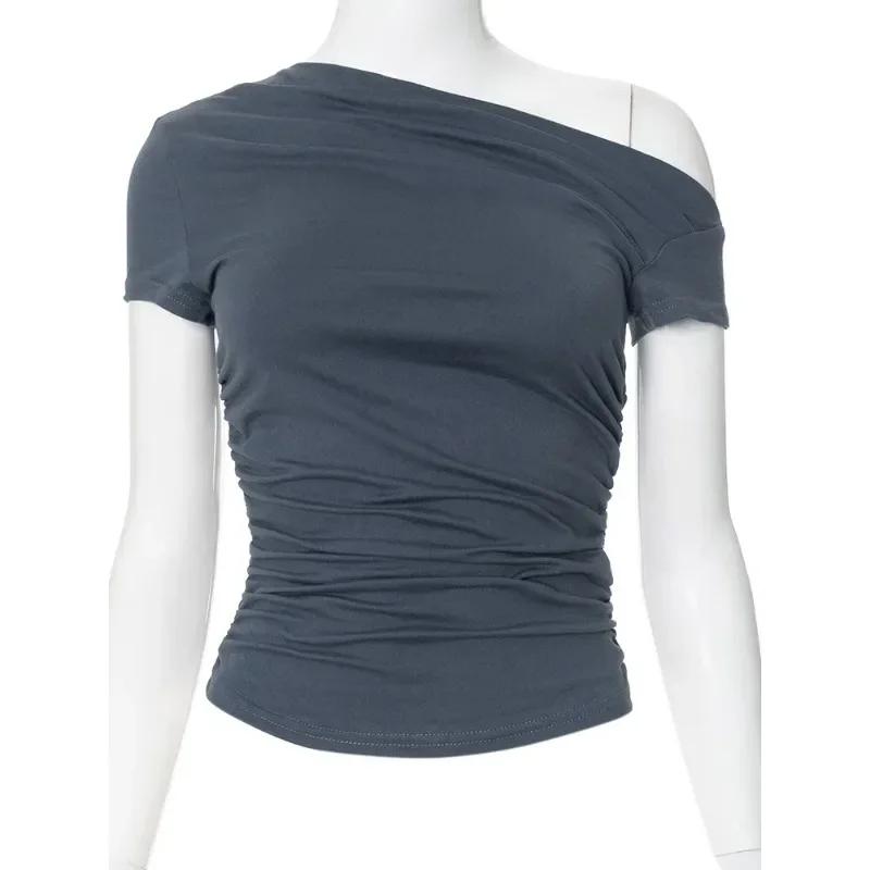 Summer New Women's Cross-Collar Off-the-Shoulder Short Sleeve T-Shirt Y2k Fashion Sexy Solid Color Pleated Short Slim Fit Top