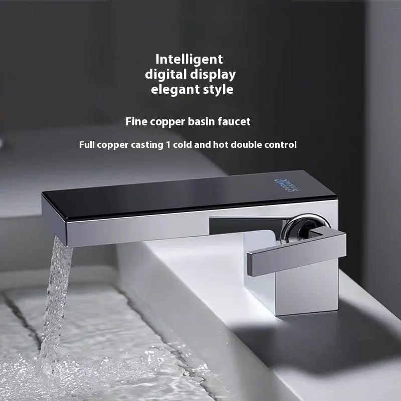 ทองแดงทั้งหมด LED ดิจิตอลจอแสดงผลน้ําตกอ่างล้างหน้าก๊อกน้ําห้องน้ําอ่างล้างหน้าสั้นหลุมเดียวก๊อกน้ําห้องน้ํา 1