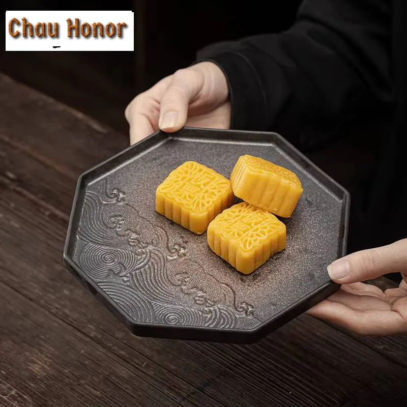 Japanese Gilding Iron Glaze Bamboo Tea Tray Ceramic Pot Pot Holder Support Tea Table Small Tea Tray Fruit Tray Tea Cake Tray