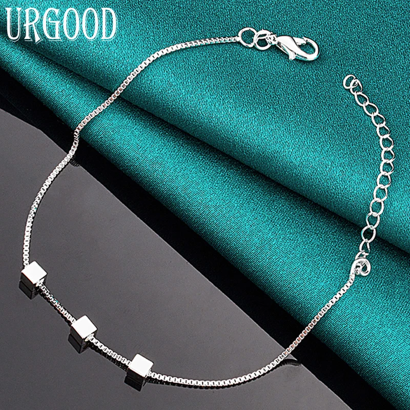 

925 Sterling Silver Box Chain Three Square Pendant Chain Bracelet For Women Men Party Engagement Wedding Fashion Jewelry