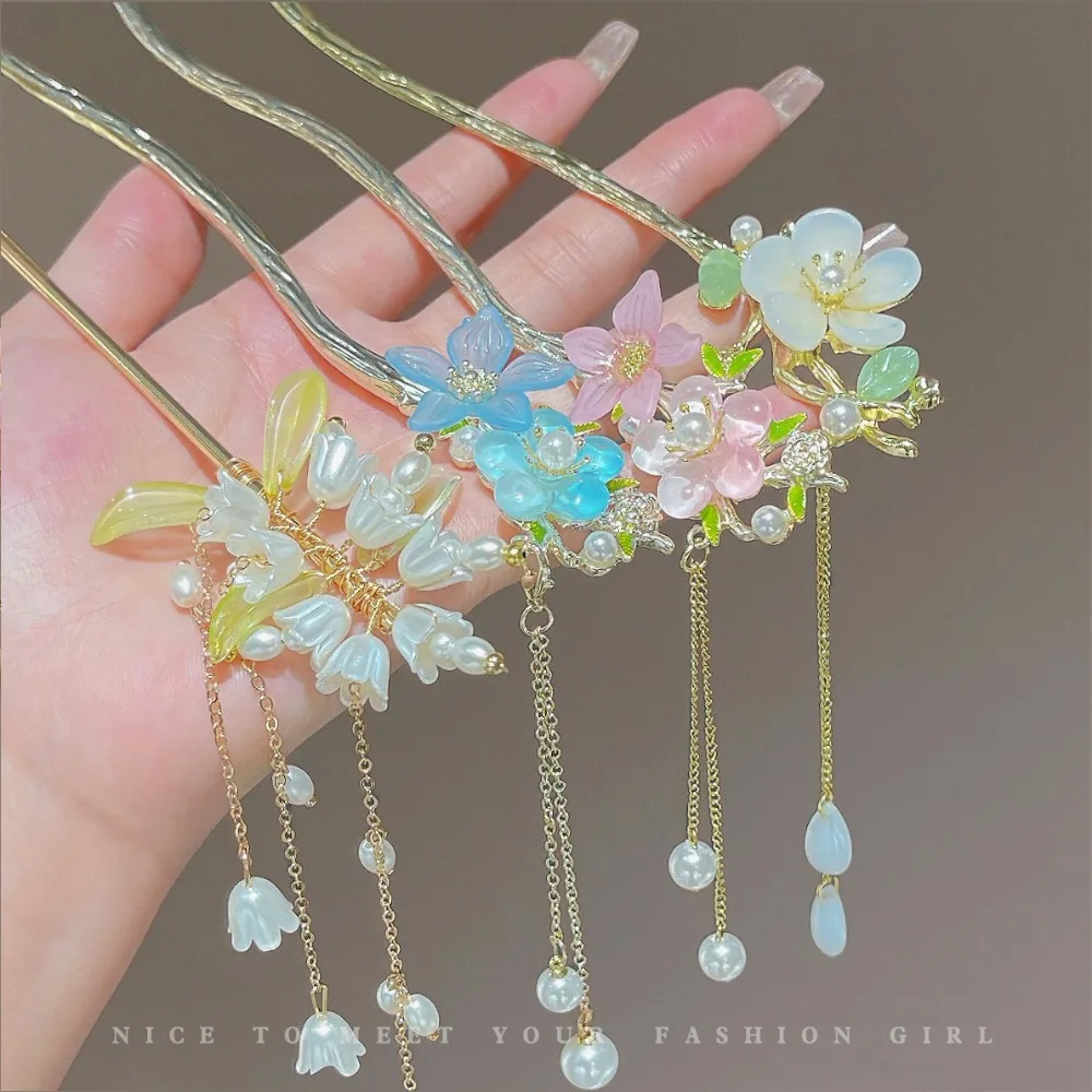 1pc Chinese Ancient Style Hair Accessories Flower Lily of the valley Tassel Hairpins Costume Hanfu Hair Stick for Women Men Gift jewelry accessories hair accessory hair headdress hair stick pearl hairpins