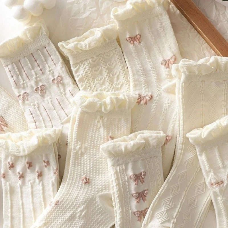 Lolita Cotton Socks Girls Ruffles White Middle Tube Sock JK Bowknot Socks Japanese Harajuku Style Socks