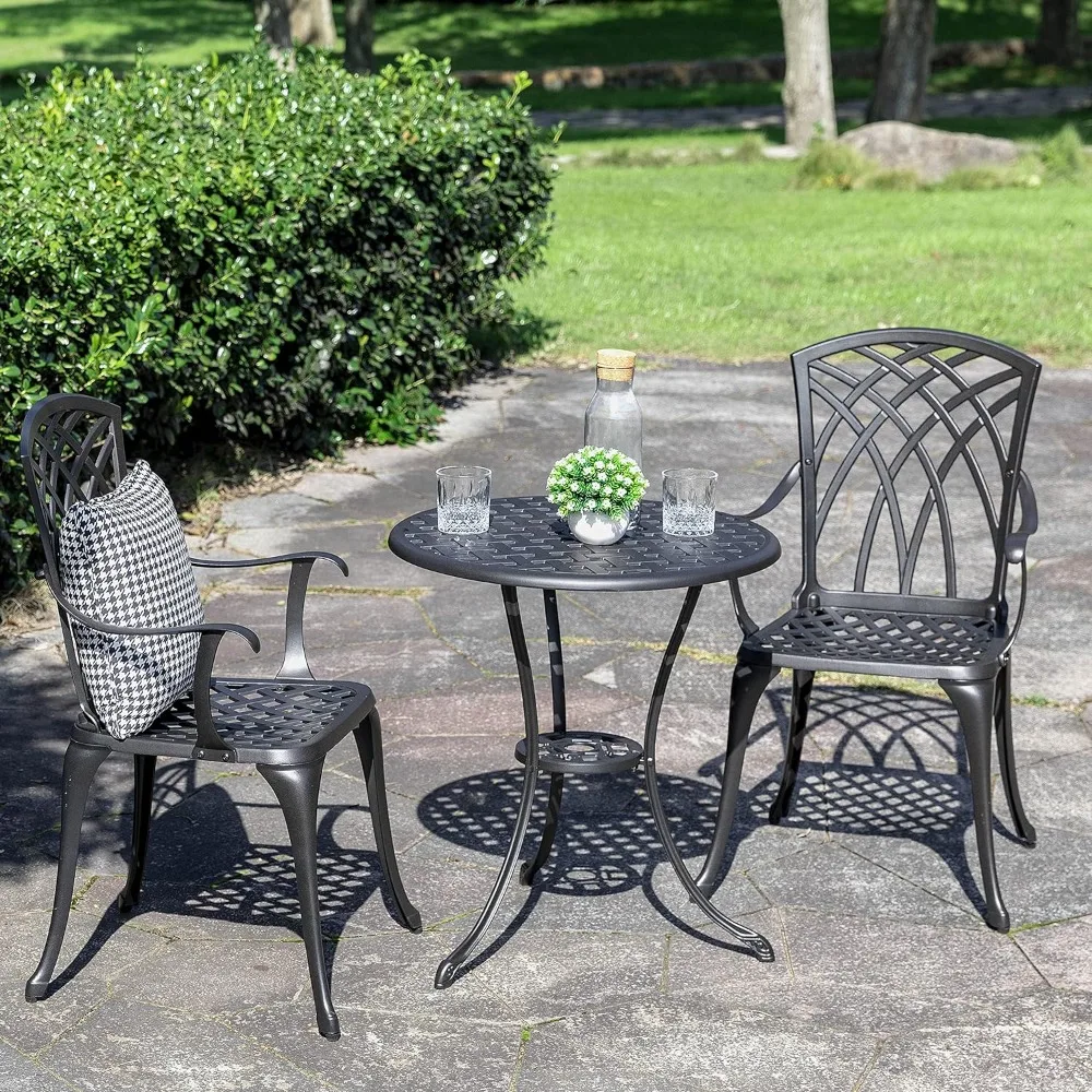 Patio Bistro Sets 3 Piece Cast Aluminum Bistro Table and Chairs Set with Umbrella Hole Bistro Set of 2 for Patio Backyard, Black