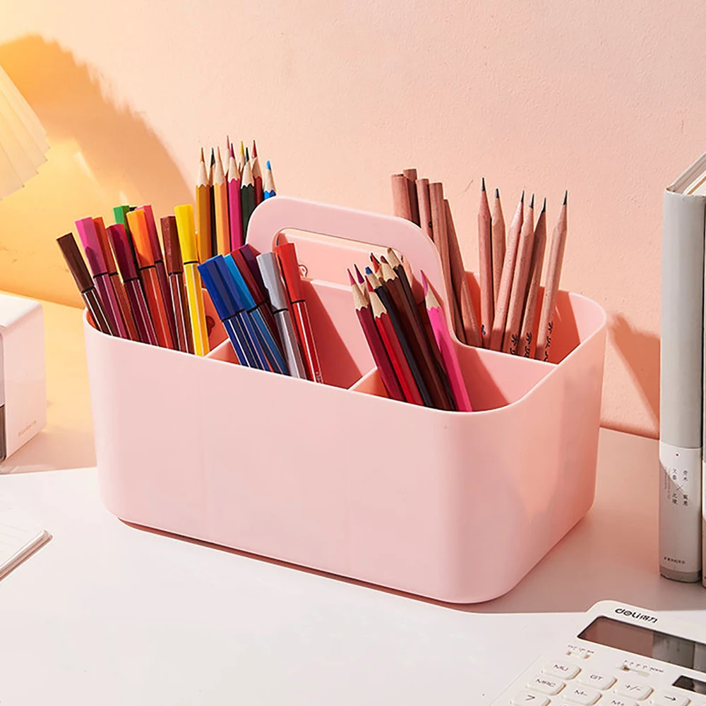 Desktop Marker Holder Art Supply Storage Box Cosmetic Plastic Storage Basket With Handle Pencil Pen Stationery Case pencil case pen holder desk organizer pen and brush holder desk storage rack