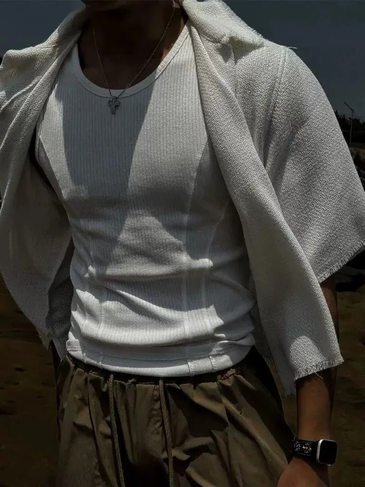 American Sle Slim Fit Tank Top Men Summer Tight Elastic Splice Sport Fitn round Ne Svel oulder Pad Vest