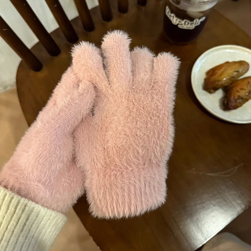 Winter Thick Simulated Rabbit Fur Warm Bicycle Solid Color Five Finger Outdoor Skiing Cold Resistant Gloves  Convenient