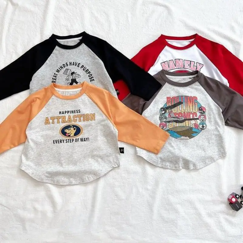 Boys Cotton Thin Soft Long Sleeve Base Shirt Spring Autumn Wear Babies Girls New Design Cartoon Printed Top Contrast T-shirt