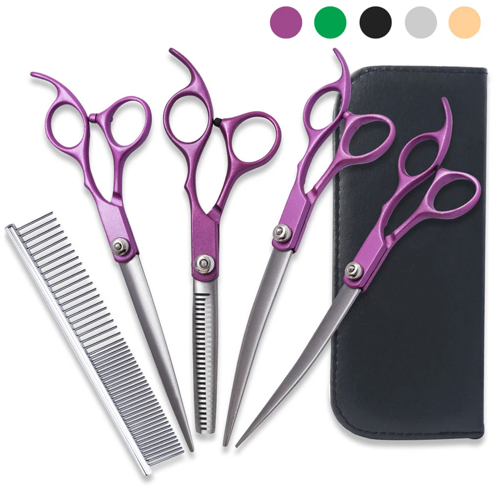 

7 Inches Professional Pet Grooming Scissor Kit Steel Straight Curved Thinning Chunker Shears Scissors for Dog Cat and More Pets