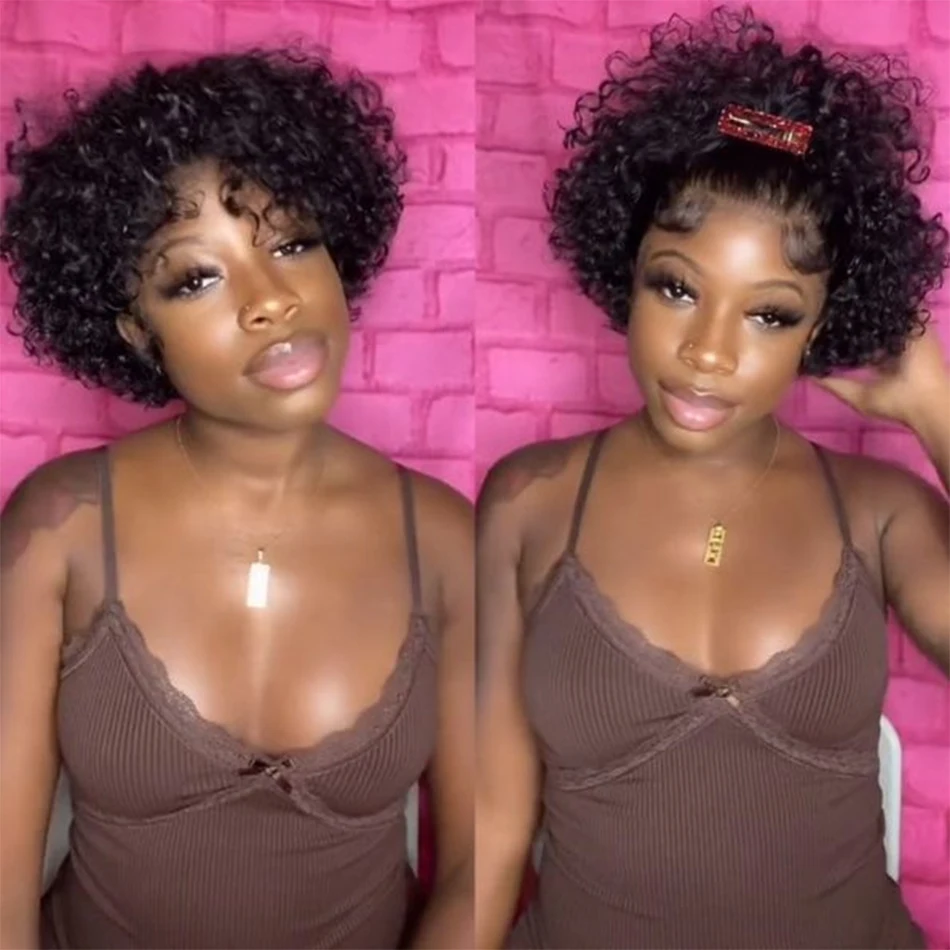 Short Pixie Cut Wigs Brazilian Human Hair Curly 13X1 Transparent Lace Wig Preplucked Hairline For Black Women